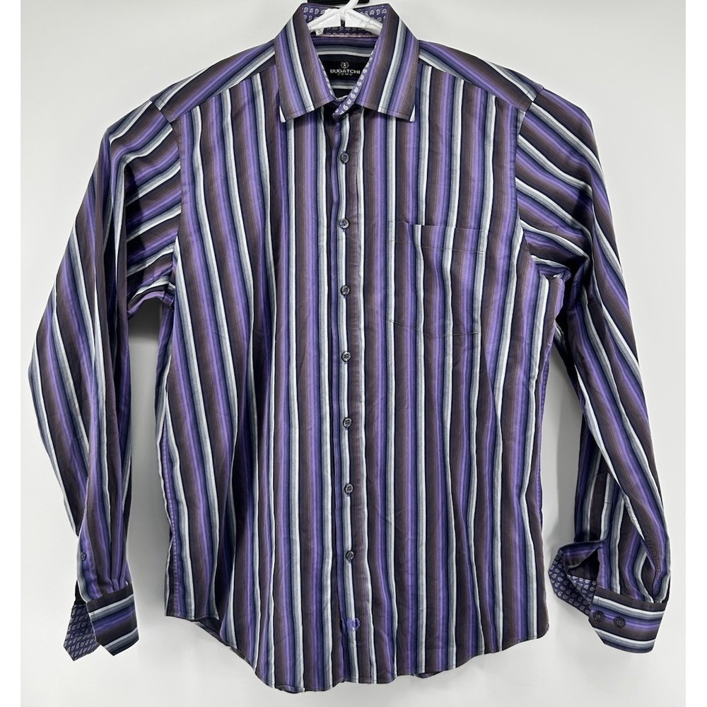 Bugatchi Uomo Long Sleeve Button Down Purple Black Striped Size Large Tall